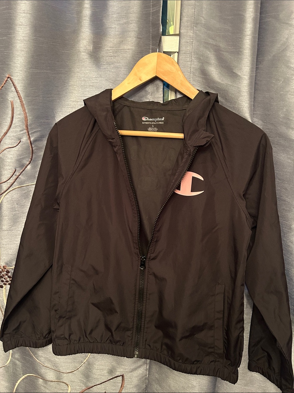 Champion Black Hooded Bomber Jacket with Pink Logo